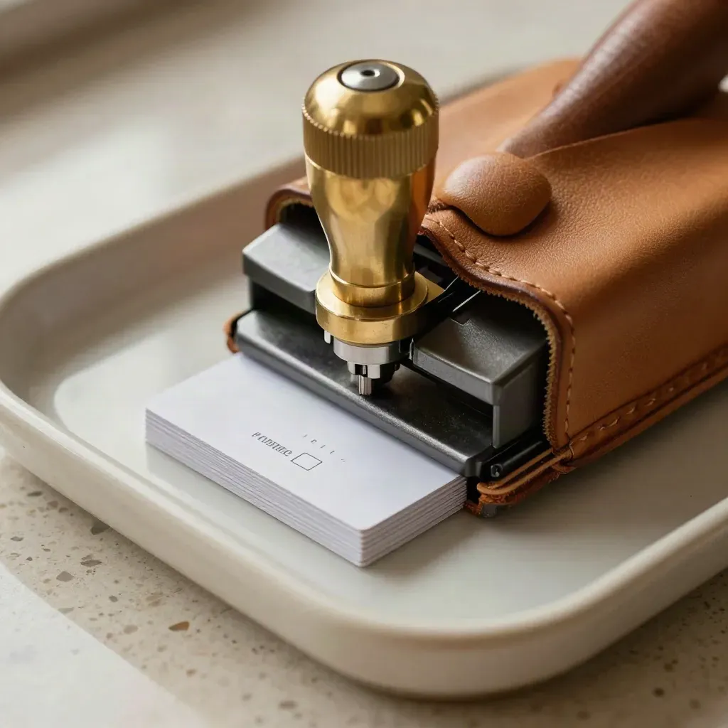 Brass embosser, membership cards, and leather sleeve on a ceramic tray in extreme macro.
