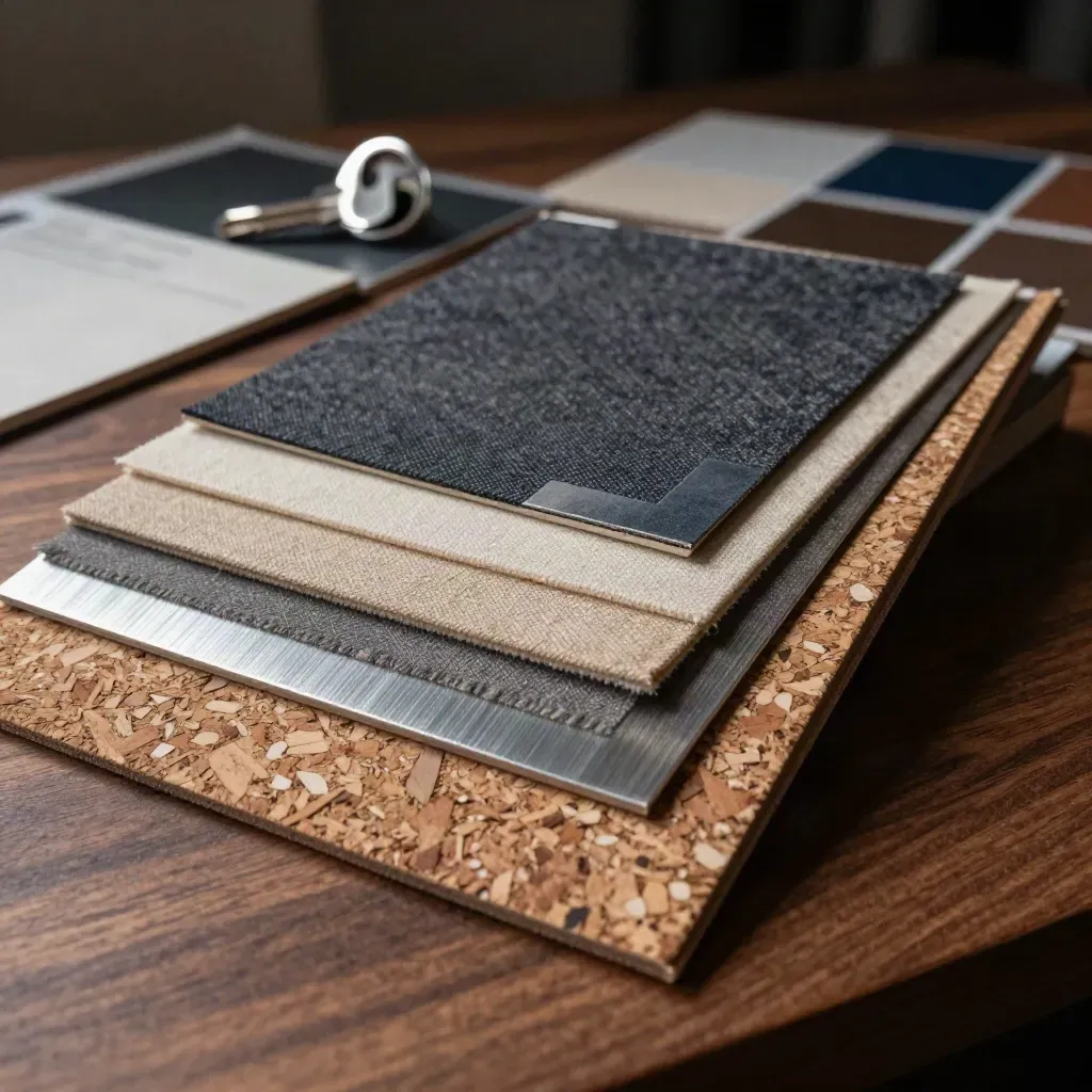 Textured vendor samples and metal strips on a walnut bench, dramatic low-key still life.