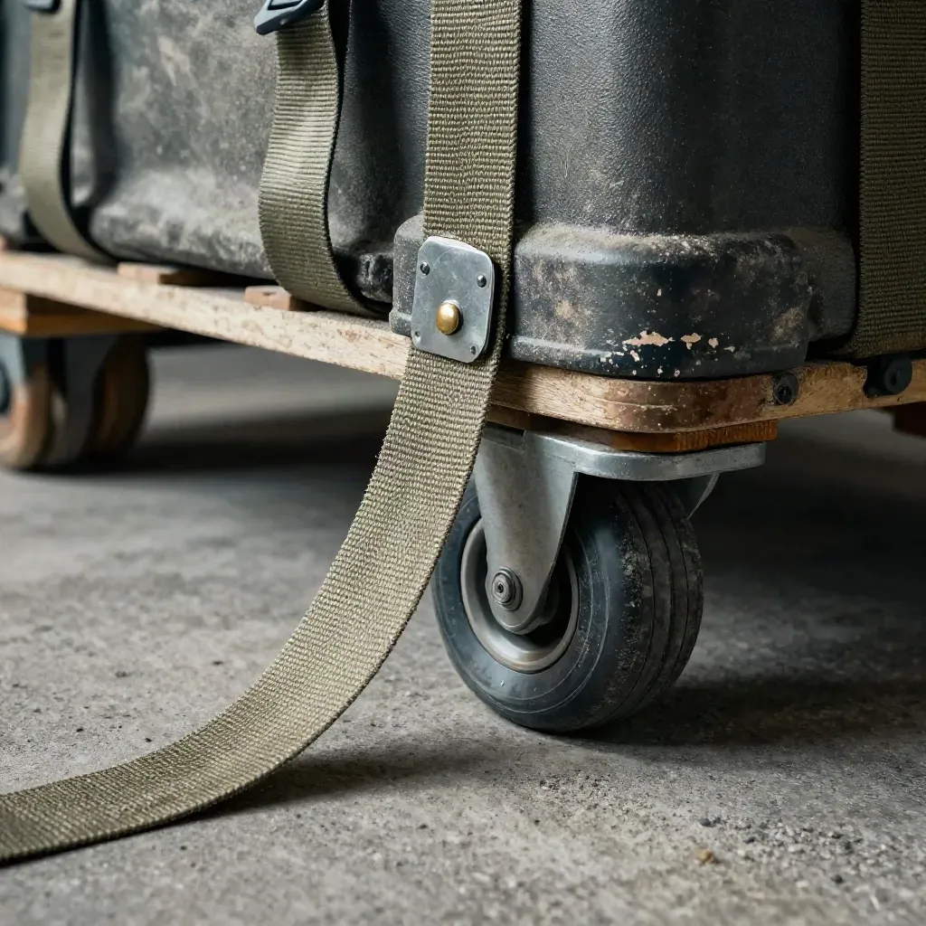 Cargo straps, pallet protectors, a steel seal, and a hand truck wheel on dusty concrete.