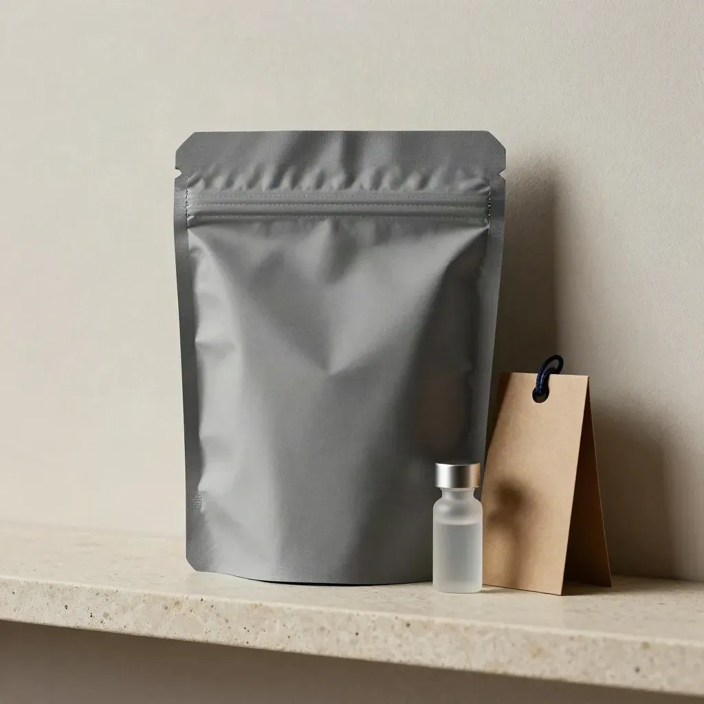 Sealed intake pouch, blank cargo tag, sample vial and kraft fold on a stone shelf
