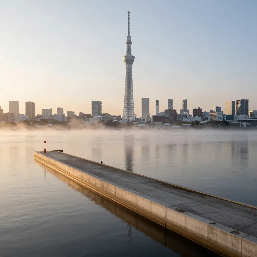 Greater Tokyo skyline at dawn, Skytree above misted water, quay, and calm negative space.