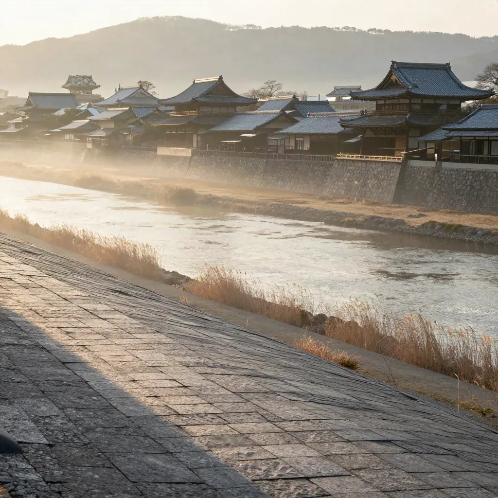 Kansai sunrise with Kyoto temple roofs, misty ridge, river plain, and calm copy space