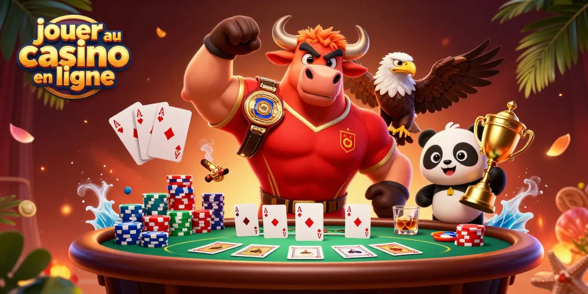 Jouer au casino en ligne avec un taureau musclé, un aigle et un panda, ambiance festive et dynamique.