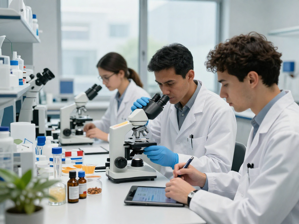 Researchers exploring BPC 157 Benefits through advanced buccal strip technology in a modern lab.