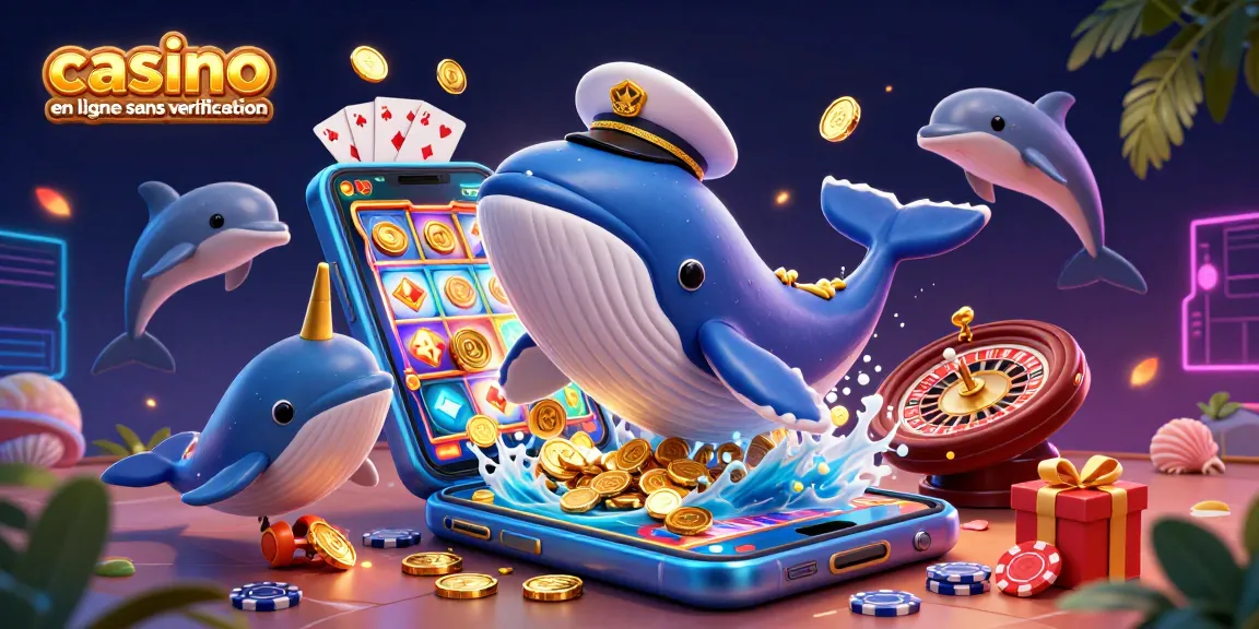 Gagnez avec le casino en ligne sans vérification, où une baleine géante et un narval accompagnent des dauphins en jouant.
