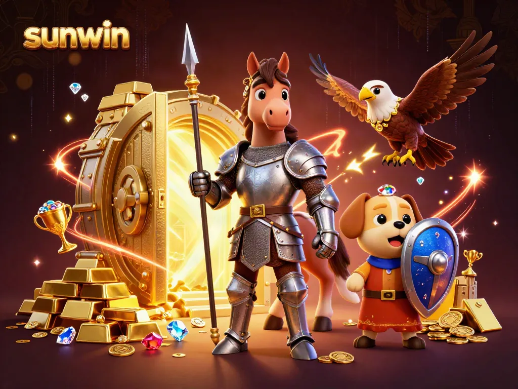 Win big at sunwin with thrilling 3D casino-themed illustration showcasing knights, treasures, and adventure.