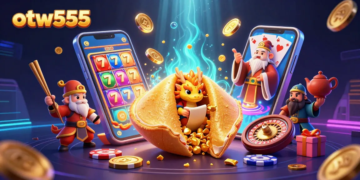 otw555 showcases an animated casino scene with a fortune cookie, dragon, and golden coins.