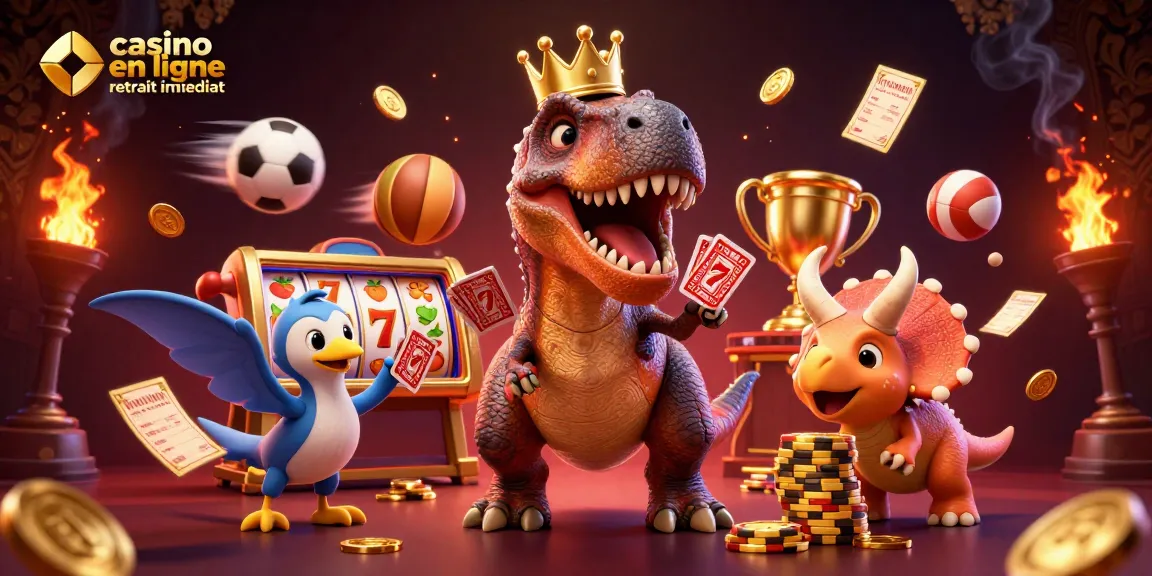 Le T-Rex jouant aux cartes avec une couronne, symbole du casino en ligne retrait immédiat, dans une scène dynamique.