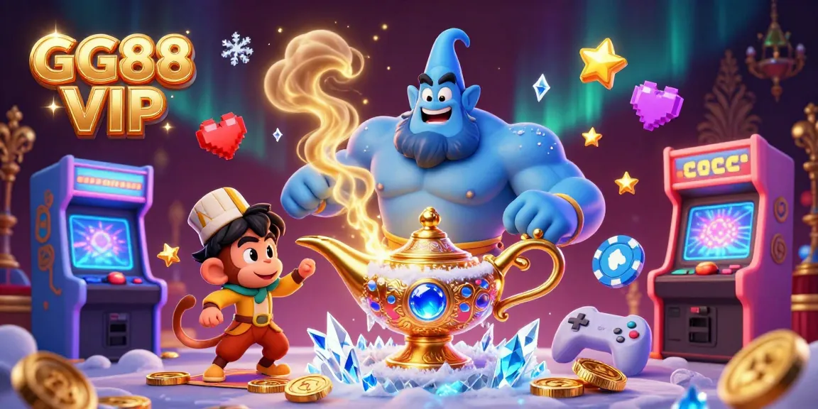 Engage with GG88 VIP, featuring a genie, monkey, and poker chips in a vibrant casino scene.