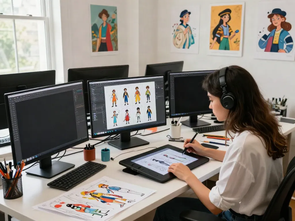 Illustrator utilizing an AI character sheet generator in a colorful art workshop.