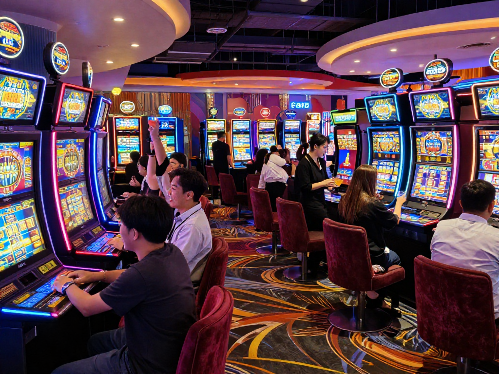 Slot gacor excitement from players celebrating wins on vibrant casino gaming floor.