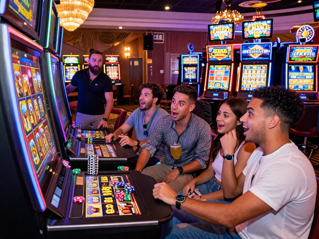 Friends enjoying a lively slot gaming experience in a vibrant casino.
