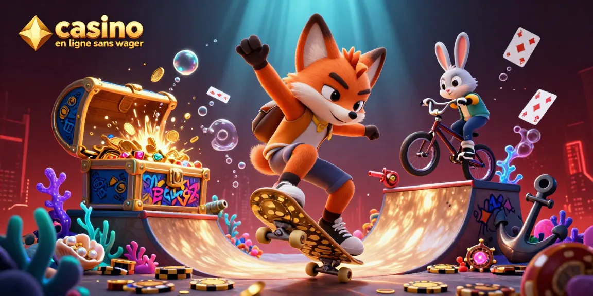 Une illustration animée de casino en ligne sans wager, avec un renard et un lapin surfeurs dans une scène captivante.