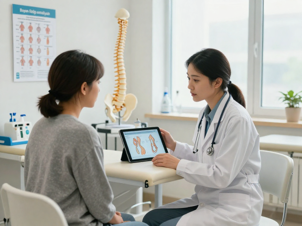 Consultation on Boyun fıtığı ameliyatı with doctor and patient in a welcoming clinic.