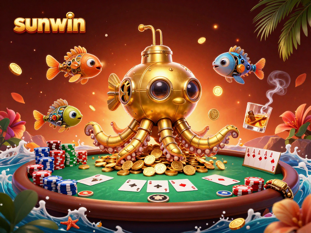 Experience sunwin's exciting atmosphere with a golden kraken submarine amidst poker thrills.