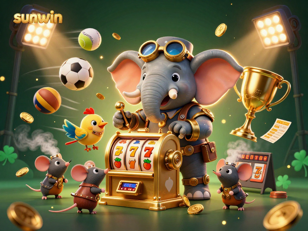 Spin the golden slot machine with sunwin while steam-powered mice assist in this vibrant casino scene.