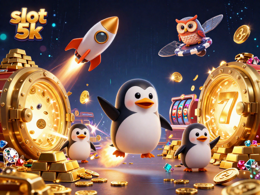 Engage with slot 5k gaming as a golden penguin zooms toward a vibrant casino!