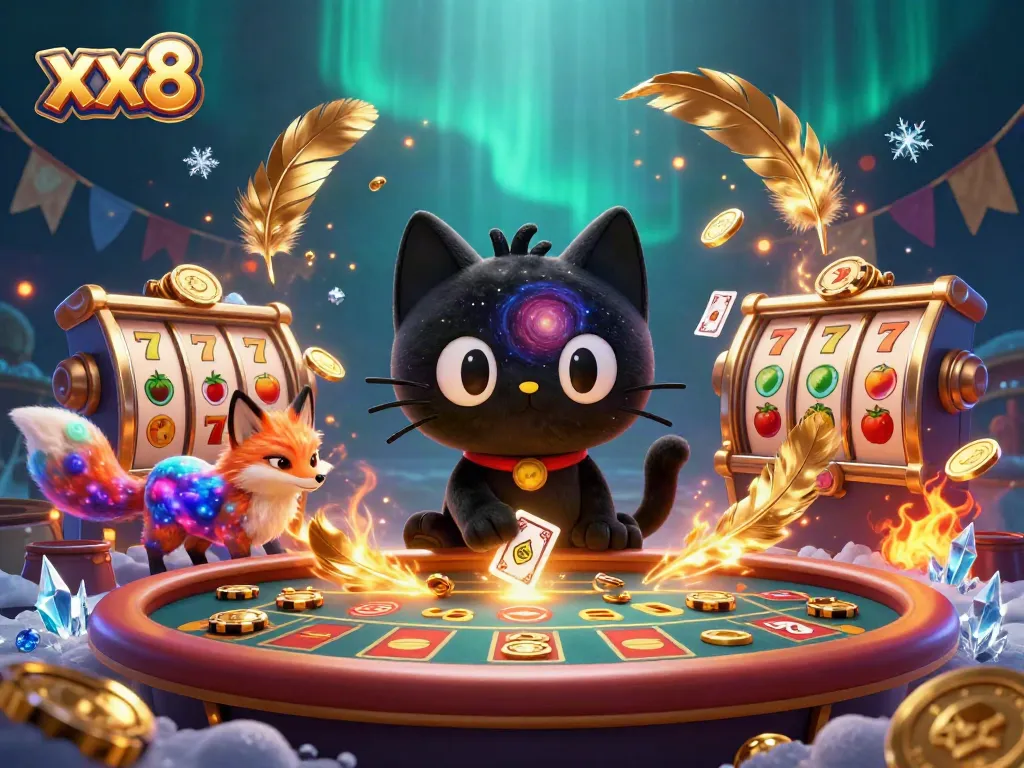Experience the cosmic allure of XX8 as a black hole cat pulls in golden chips at a vibrant casino table.