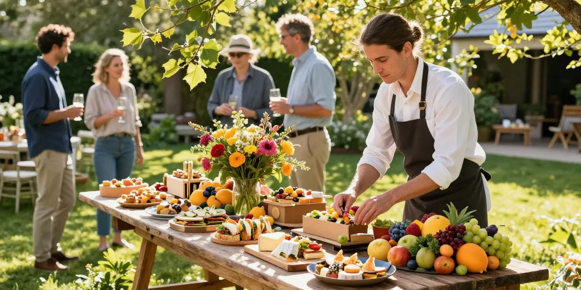 Catering service setting up a gourmet food box slot at a sunny outdoor event with vibrant displays of fruits and sandwiches