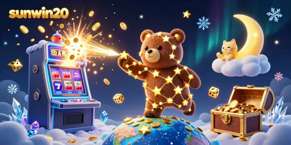 Experience sunwin20's vibrant casino atmosphere with a cosmic bear, joyful coins, slot machines, and magical lighting.