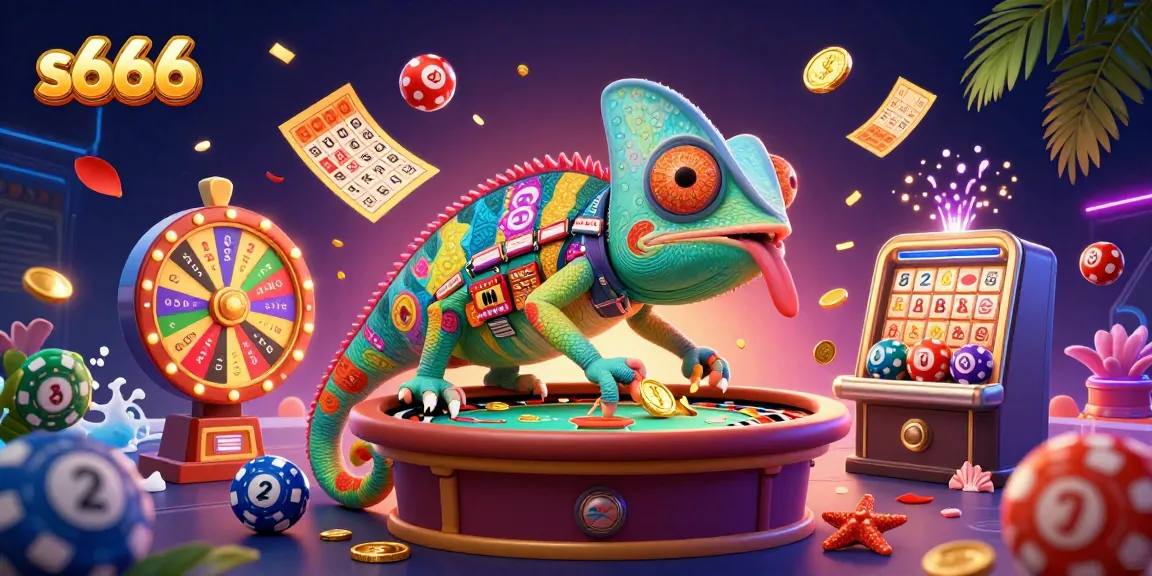 Experience the thrill of winning at s666 with a vibrant chameleon casino owner in a colorful gaming scene.