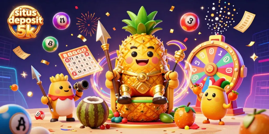 Engage with situs deposit 5k in a vibrant casino scene featuring a golden pineapple king and colorful gaming elements.