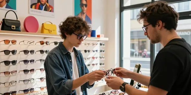 Jovem experimentando óculos de grau em uma loja de moda estilosa.
