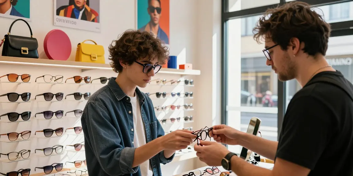 Jovem experimentando óculos de grau em uma loja de moda estilosa.