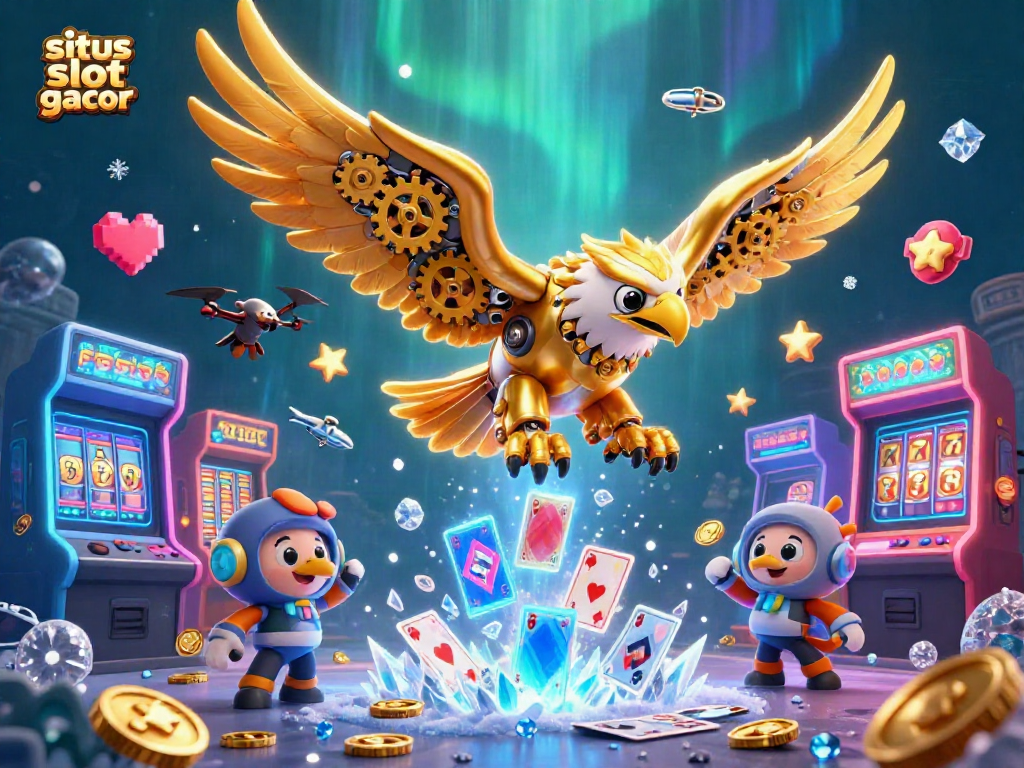 Experience situs slot gacor with thrilling visuals of a diving golden eagle surrounded by captivating game elements.