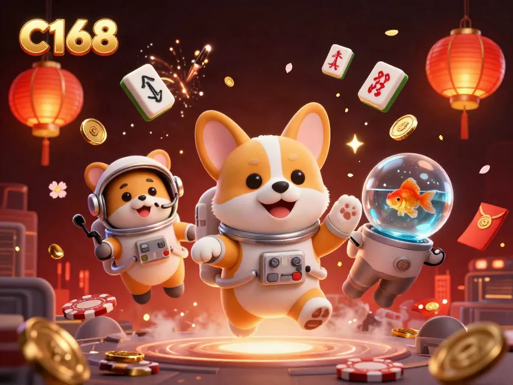 Experience the thrilling C168 space casino with floating poker chips and a whimsical backdrop.