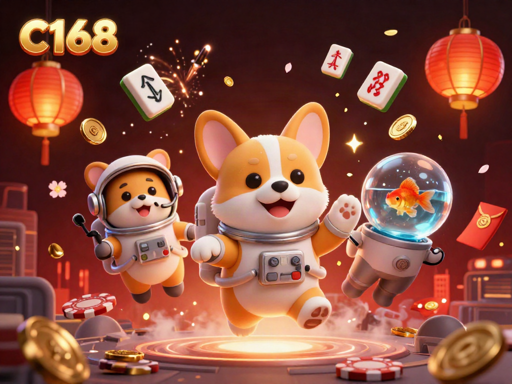 Experience the thrilling C168 space casino with floating poker chips and a whimsical backdrop.