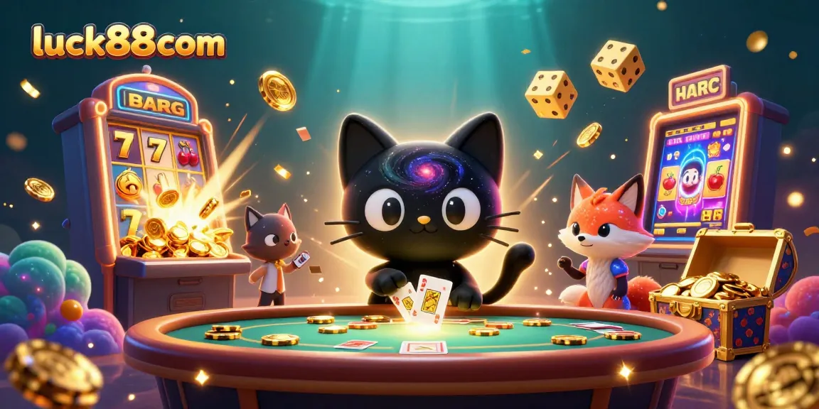 Engage with luck88com at an exciting cosmic casino table featuring a black hole cat and colorful elements.