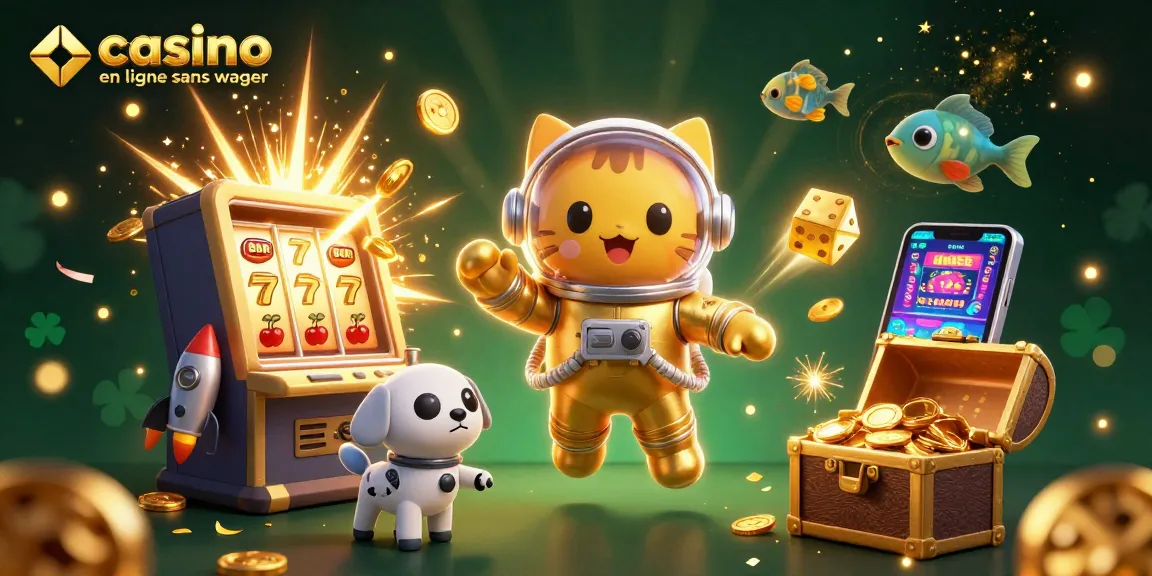 Jouer sur un casino en ligne sans wager avec un chat astronaute et un robot, entouré de machines à sous et de trésors brillants.
