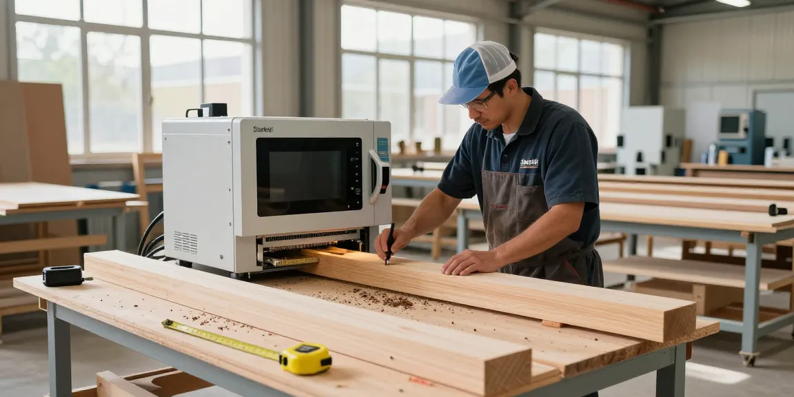 Technician using Shashel microwave wood treatment technology in a clean, safe workshop environment.
