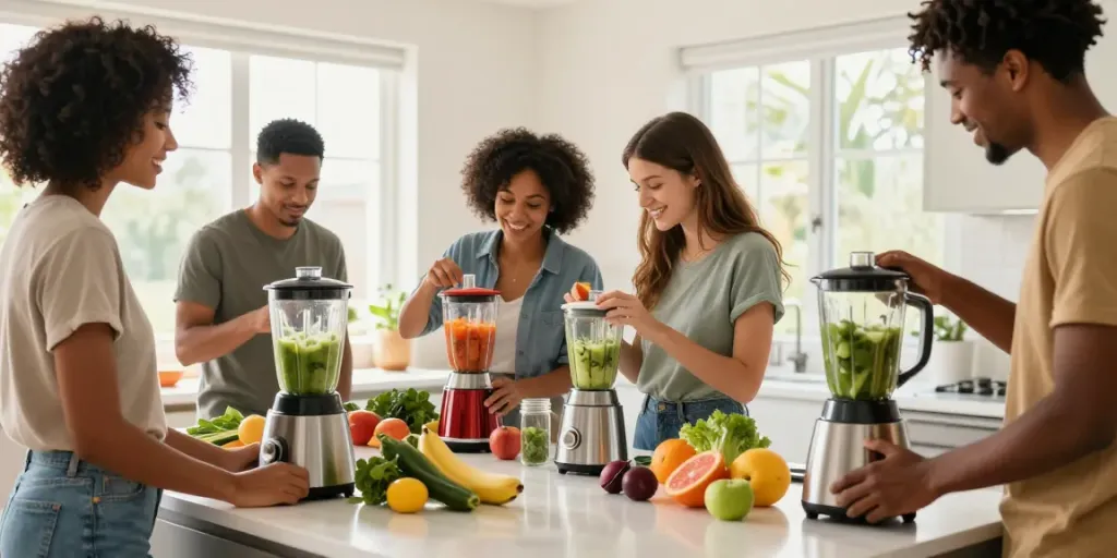 Preparing smoothies with blenders, showcasing diverse fruits and blender price in bangladesh.