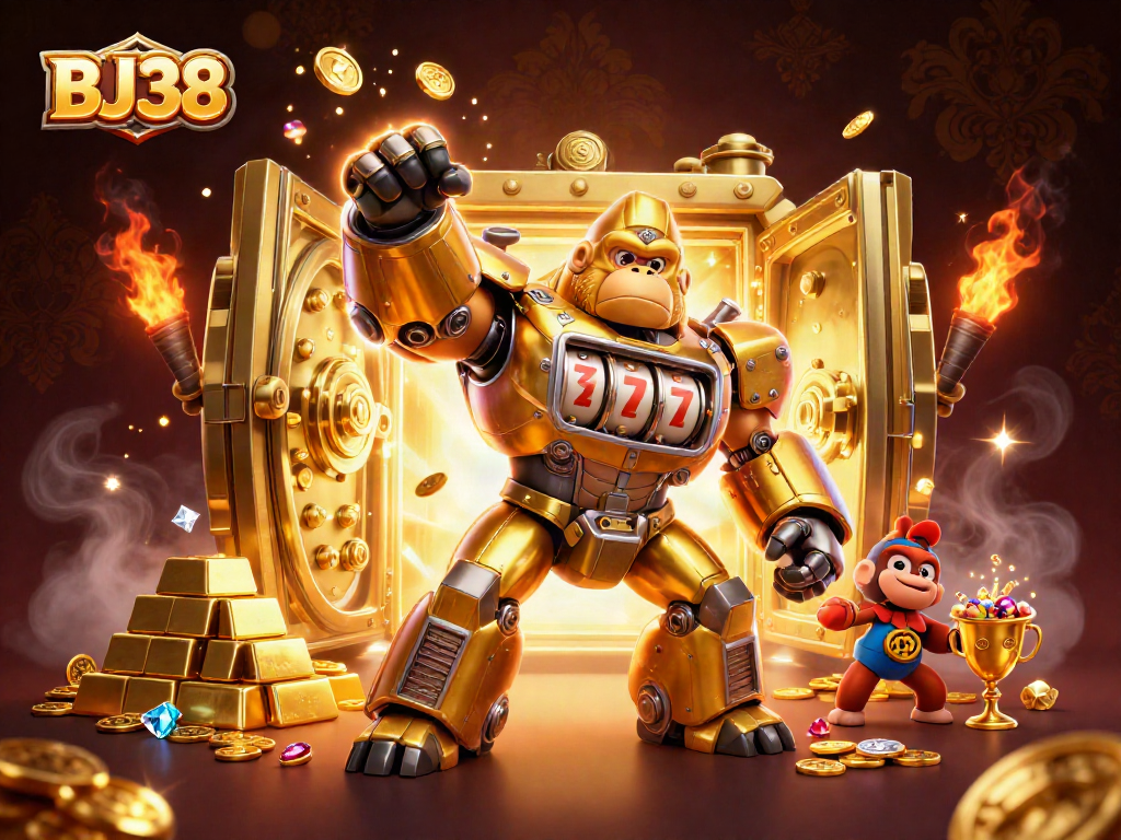 Experience the thrill of BJ38 with dynamic 3D illustration showcasing a golden gorilla mech and explosive casino elements.