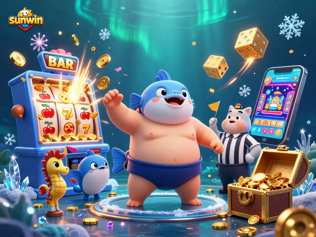 Experience thrilling jackpots with sunwin's energetic underwater casino scene full of vibrant characters.