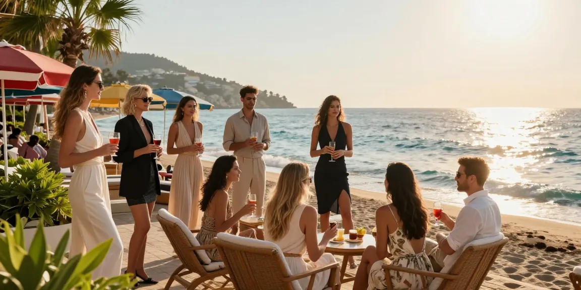 Antalya Eskort models enjoying a glamorous beachside gathering with vibrant ocean views.