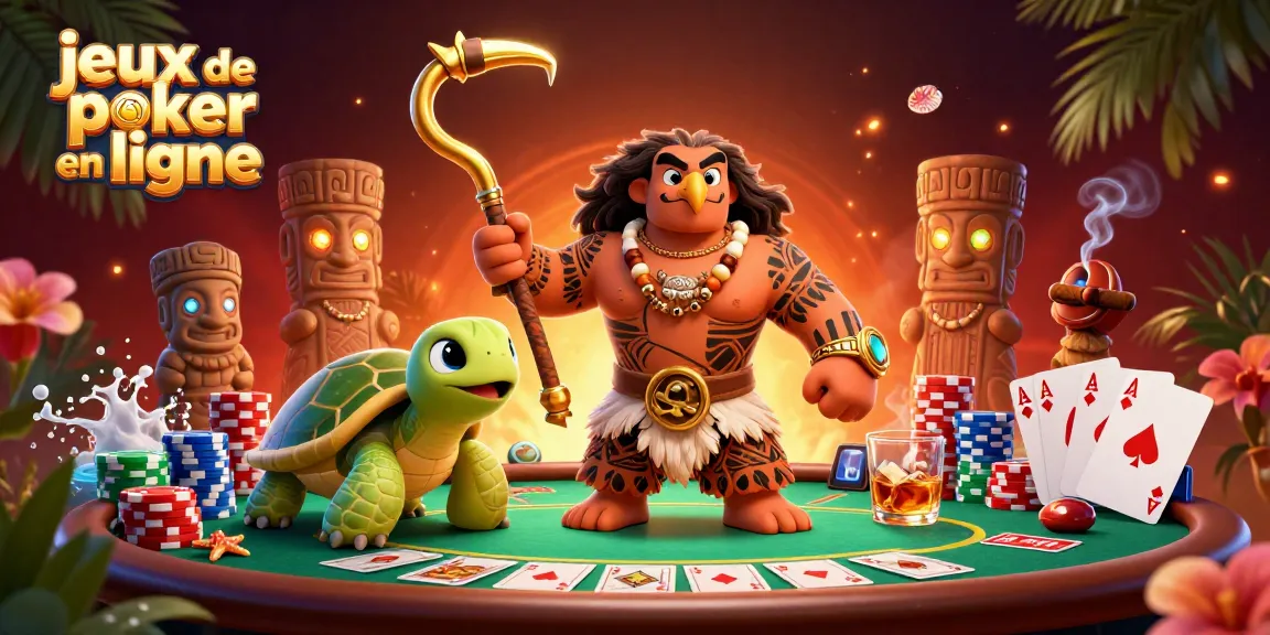 Jouez aux jeux de poker en ligne avec nos héros, entourés de jetons et d'une atmosphère de compétition.