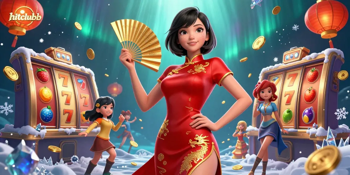 Hitclubb showcases an Asian woman in a stylish qipao amidst vibrant slot game elements and gold.