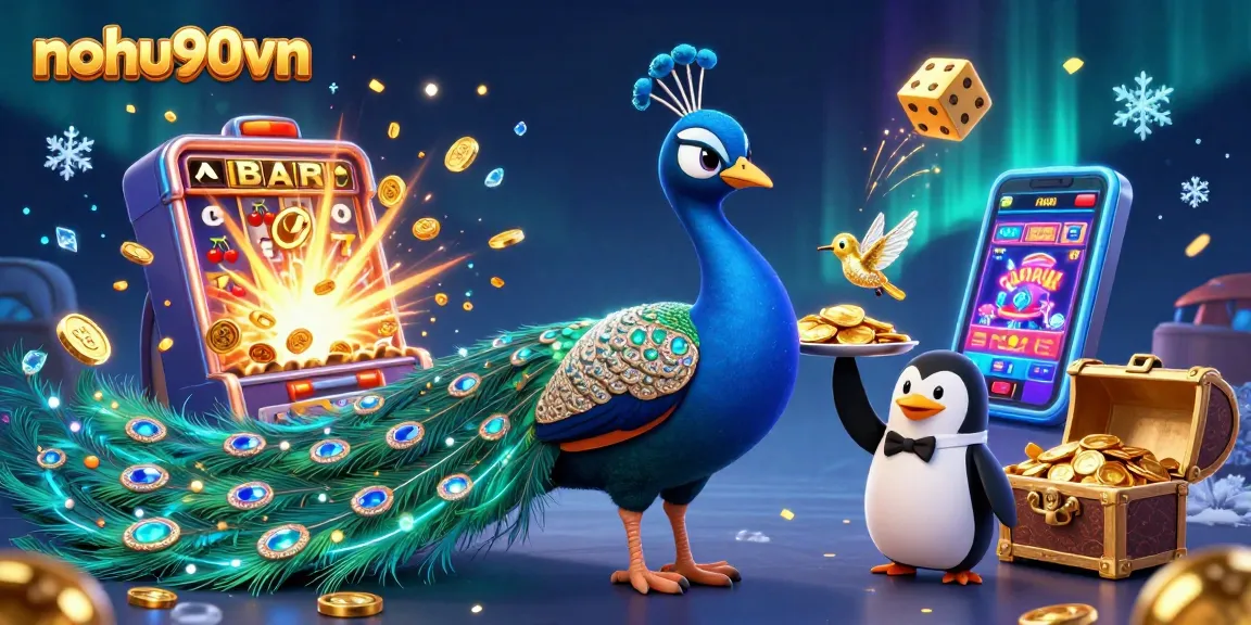 Nohu90vn showcases a peacock, penguin, and hummingbird in a bustling casino scene filled with vibrant slot elements.