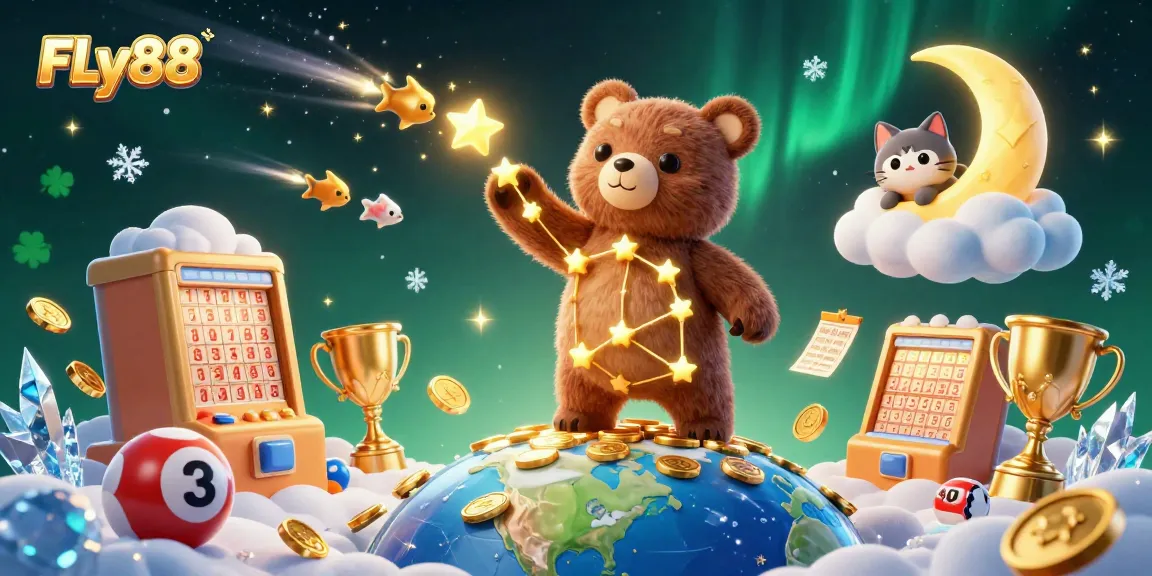Engage with FLy88's thrilling lottery experience and scoop up exciting prizes in a vibrant illustration.