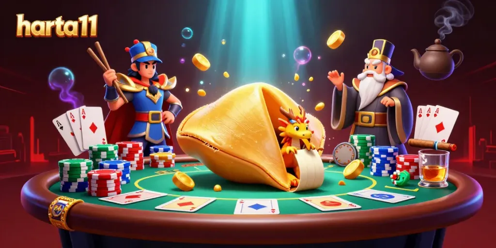 Engage thrillingly with harta11 through a vibrant 3D casino scene featuring enchanting characters and poker elements.