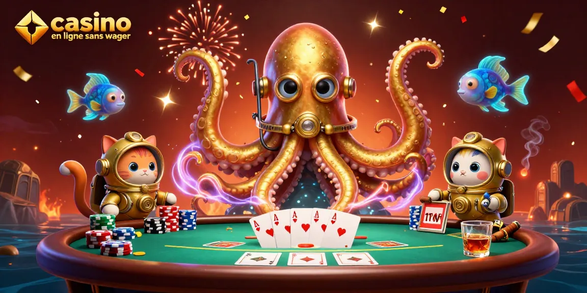 Plongez dans l'univers du casino en ligne sans wager, avec une illustration captivante d'un kraken et un chat plongeur.