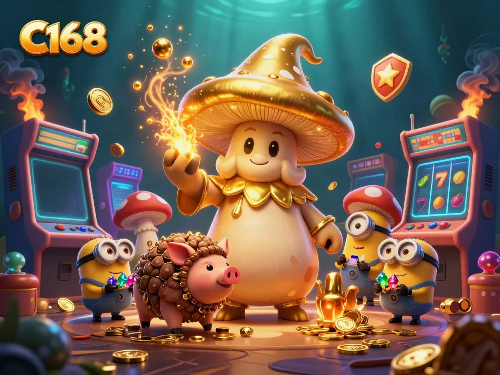 C168 players immerse in a magical golden casino realm with treasures and vibrant slot games.
