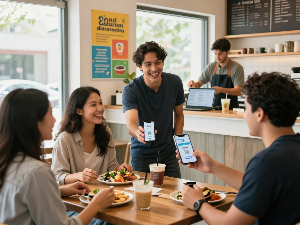 Loyalty program in action, showcasing customers engaging with the BonusQR app for rewards and discounts in a vibrant cafe.