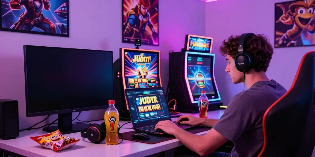 Engaged player enjoying judi slot online with vibrant slot machine graphics and a cozy gaming setup.