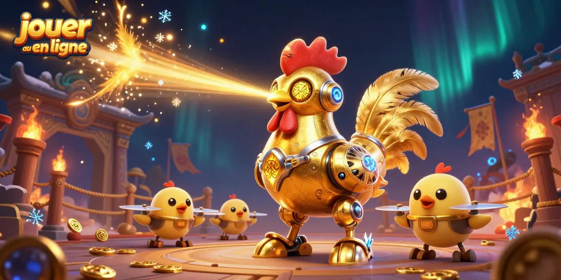 Jouer au casino en ligne avec des robots et des pièces d'or dans une scène épique et colorée.