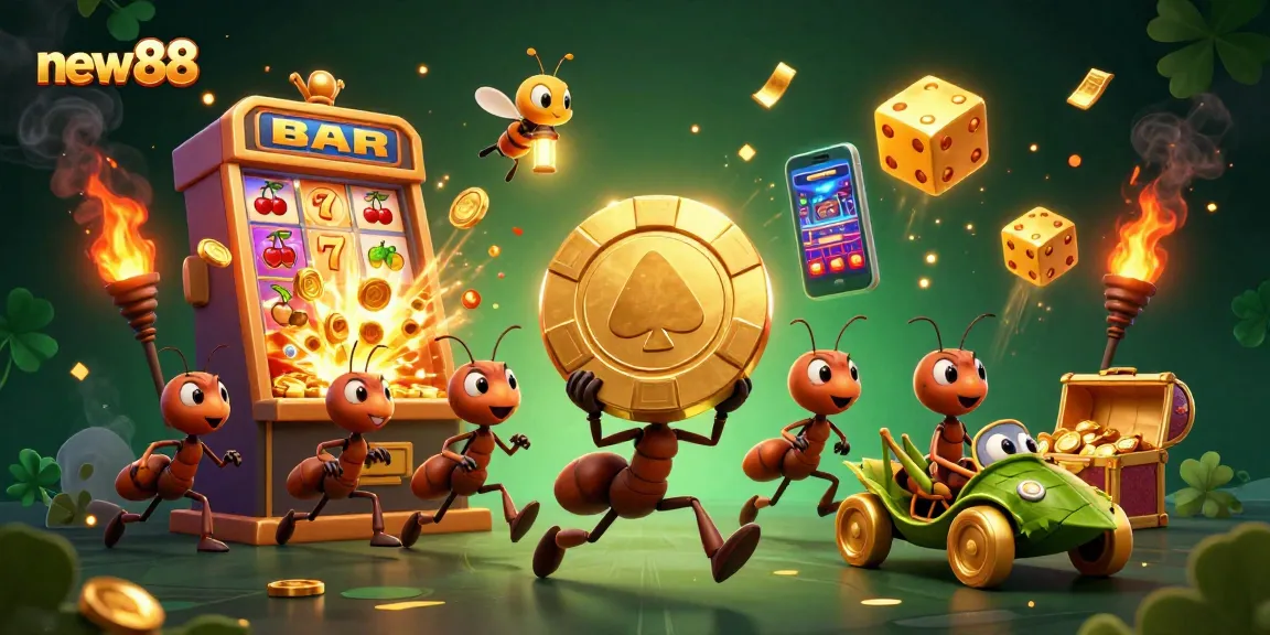 Play thrilling games at new88 with an imaginative scene of ants on a heist delivering a giant poker chip.