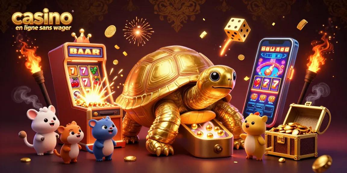 Jouer sur un casino en ligne sans wager avec une scène dynamique de machines à sous et une tortue en or amusante.